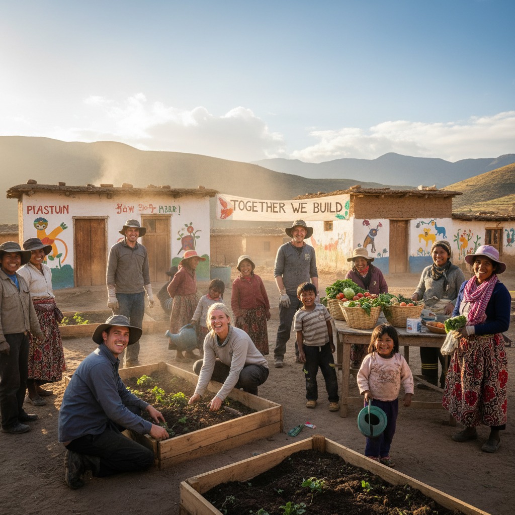 A diverse group of people work together in a community garden in front of rustic buildings with a banner that reads "TOGETHER WE BUILD."